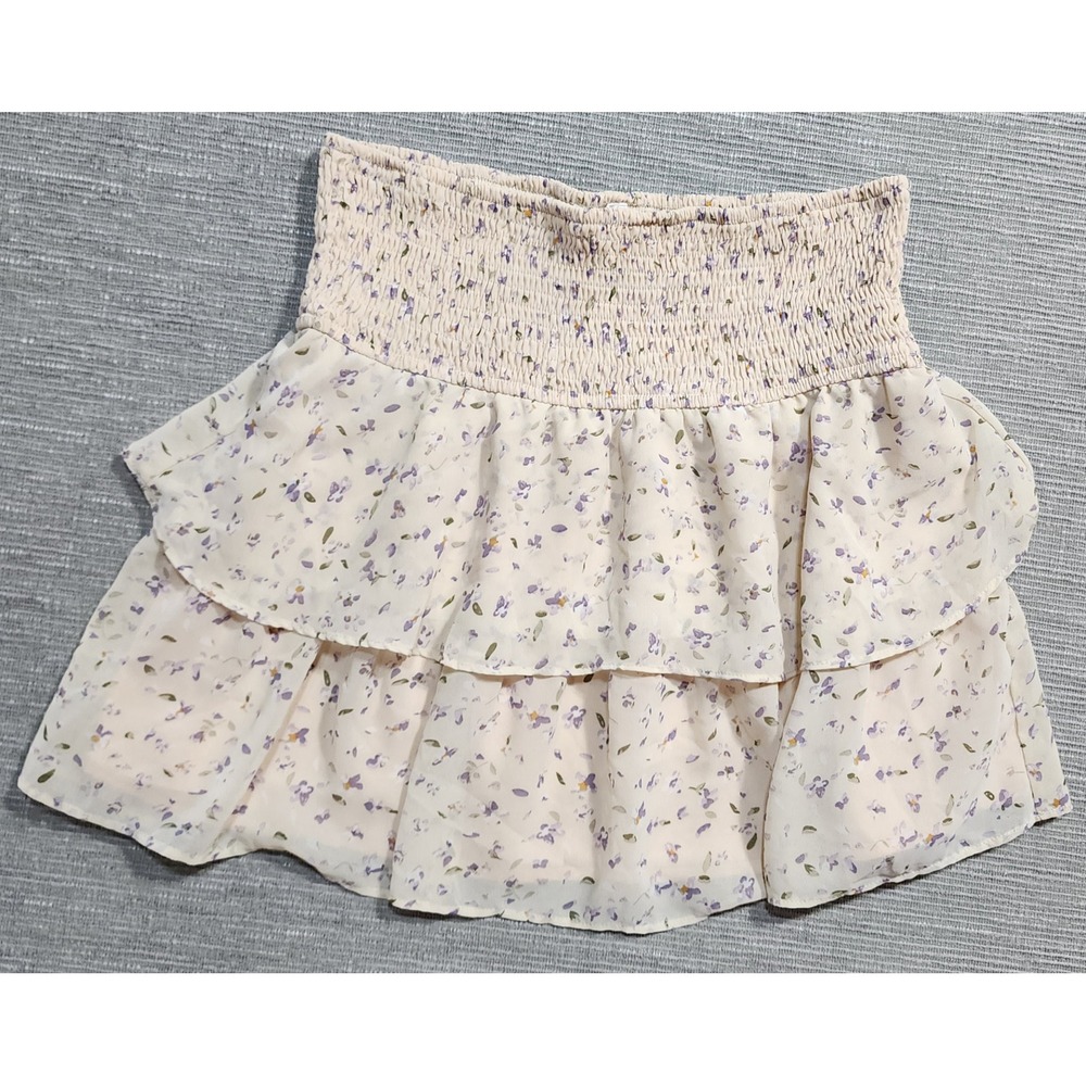 Storia Cream chiffon Floral Smocked Tiered Ruffle Mini Skirt Womens Medium